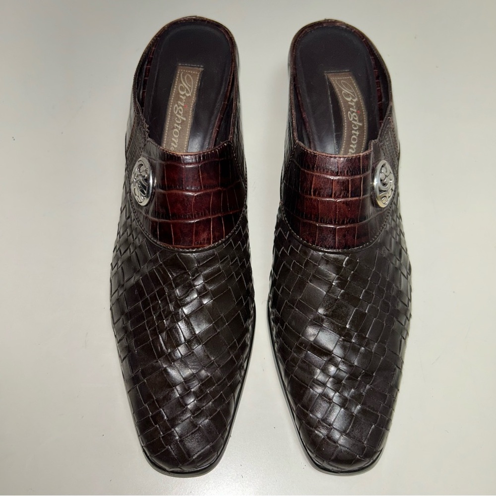 Brighton Tryst Brown Woven Leather Medallion Slip On Heel Mule - Picture 2 of 10